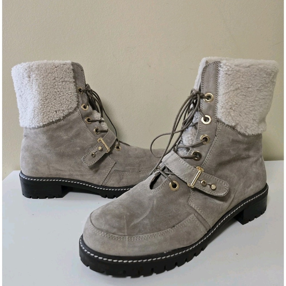 STUART WEITZMAN Ash Suede Faux Fur‎ Shearling Lace Up Boot Shoes Size 8.5 Combat - Picture 10 of 11